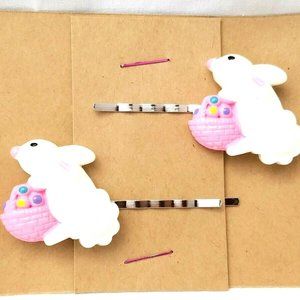 EASTER BUNNY with Basket - Handmade Bobby PIn Hair clips - Set of 2 SALE